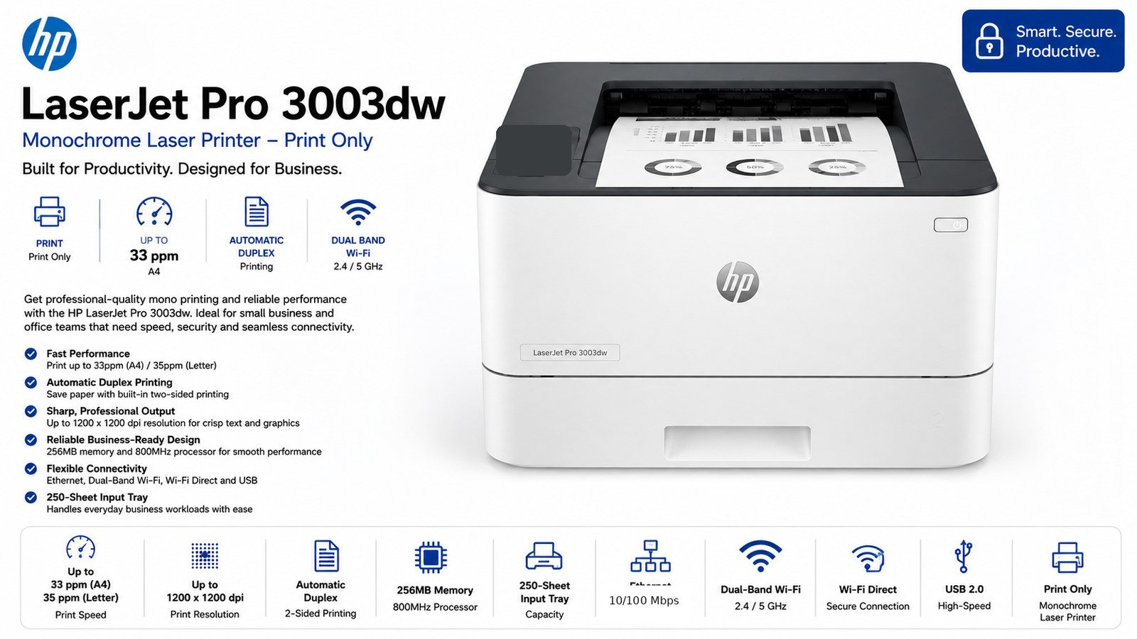 HP LaserJet Pro 3003dw Monochrome Laser Printer, 33ppm A4, Auto Duplex, Ethernet, Dual-Band Wi-Fi, 256MB | 3G654A#B19